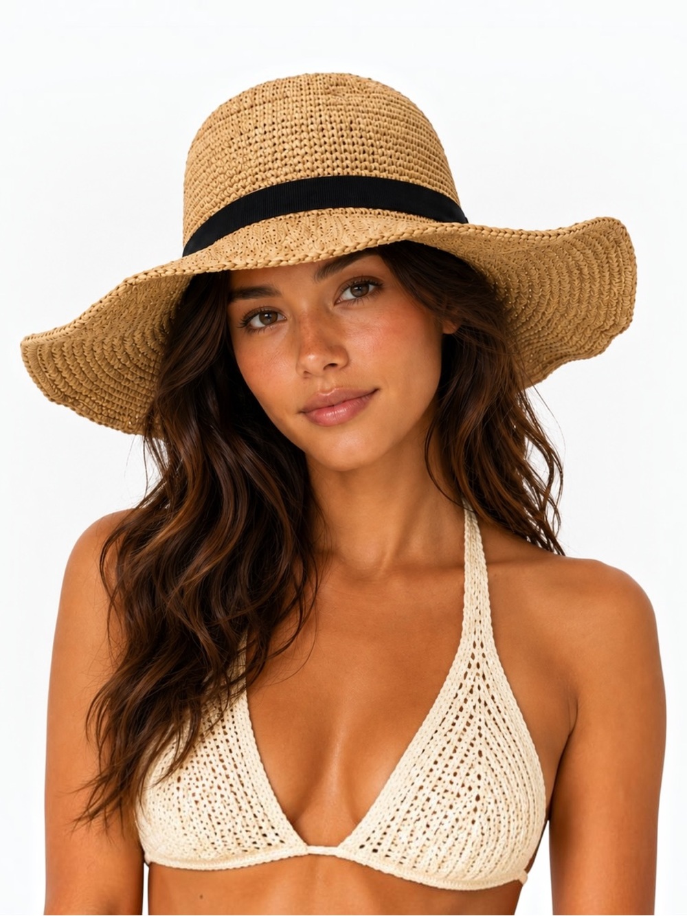 J.Crew Straw Sun Hat Natural Tan Black Band S-M Wide Brim Beach Summer Classic